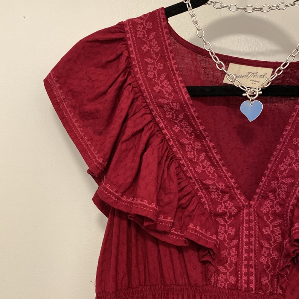 Dress Ruffled Embroidered Long Red Pretty - Picture 5 of 14